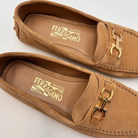 Salvatore Ferragamo Gancini Suede Driving Loafers Tan Gold - Picture 8 of 9